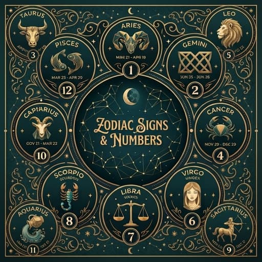 Illustrated wheel of the twelve zodiac signs, each paired with a number